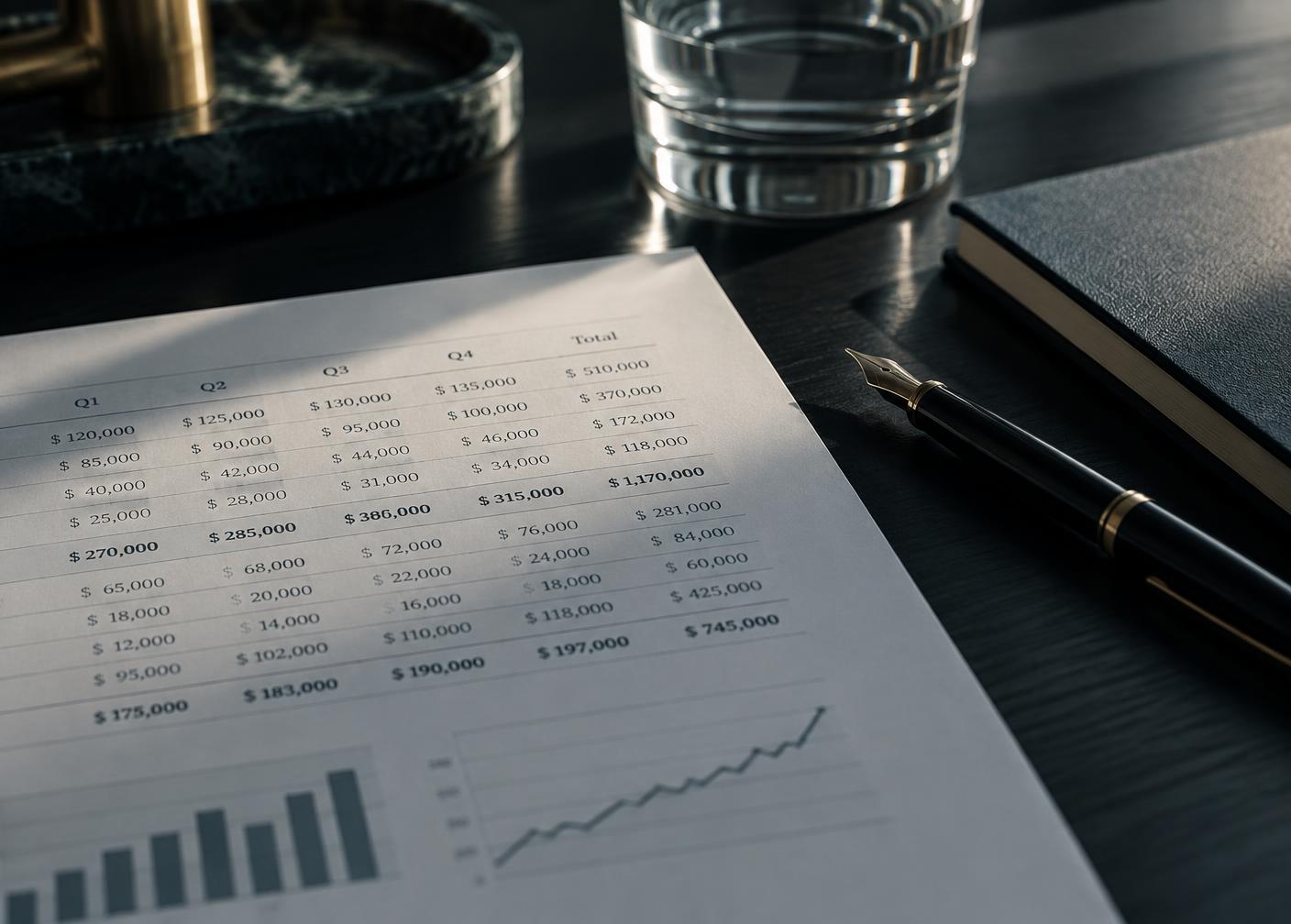 Financiële documenten en vulpen op een donker bureau