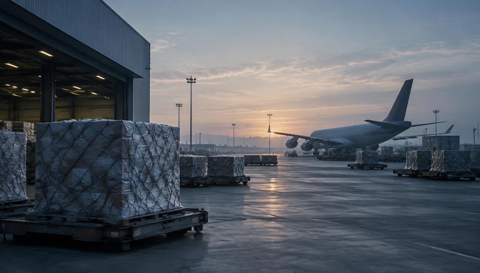 Vrachtterminal bij zonsopgang met internationale vracht