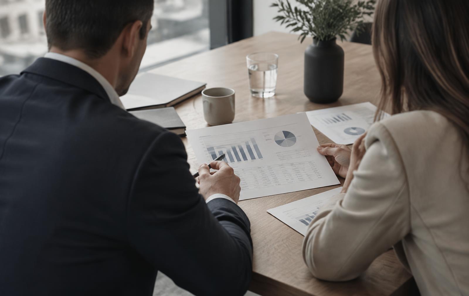 Twee professionals bespreken financiële documenten aan tafel