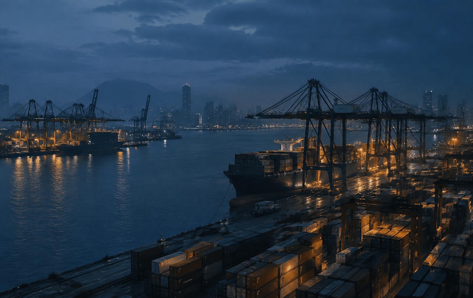 Internationale containerhaven bij schemer