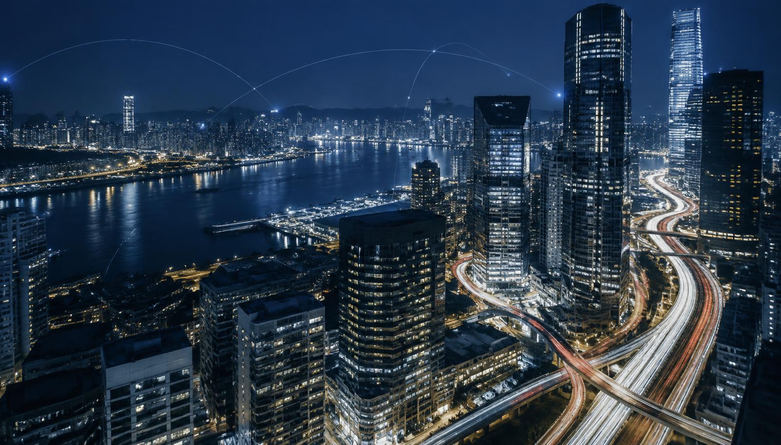 Internationale betalingsstromen boven een financieel district bij nacht